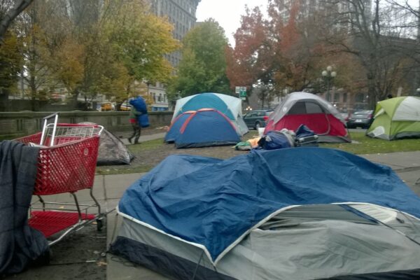 Image of an orange camping tent on a city sidewalk, flanked by street construction signs