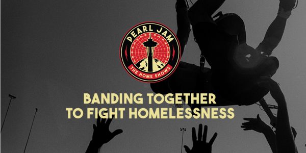 graphic with logo for the band Pearl Jam and the words Banding Together to Fight Homelessness