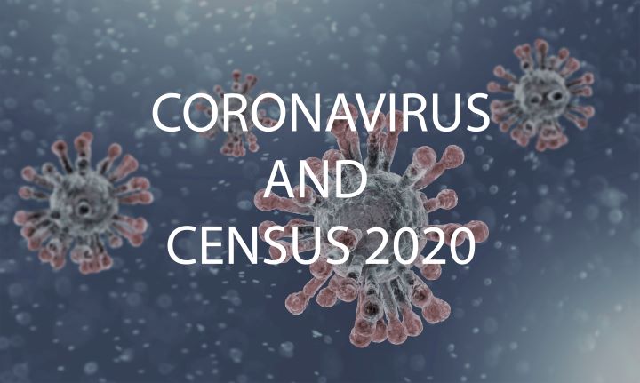Graphic depiction of the coronavirus with text that says coronavirus and census 2020