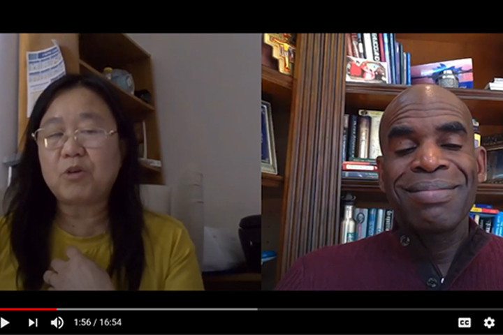 A screenshot of Ginger Kwan and Gordon McHenry, Jr., during their livestream interview on rental assistance and racial equity