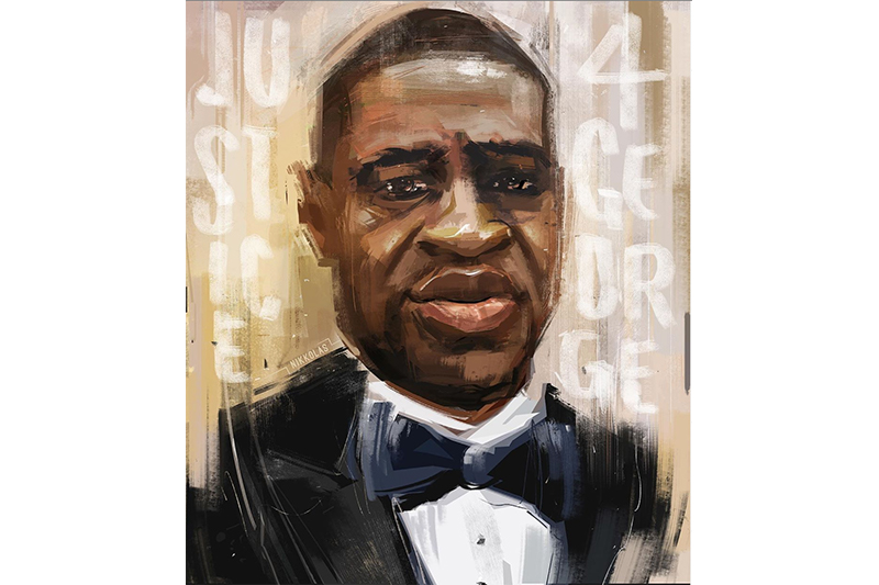 Painting depicting George Floyd wearing a tux with the words Justice 4 George