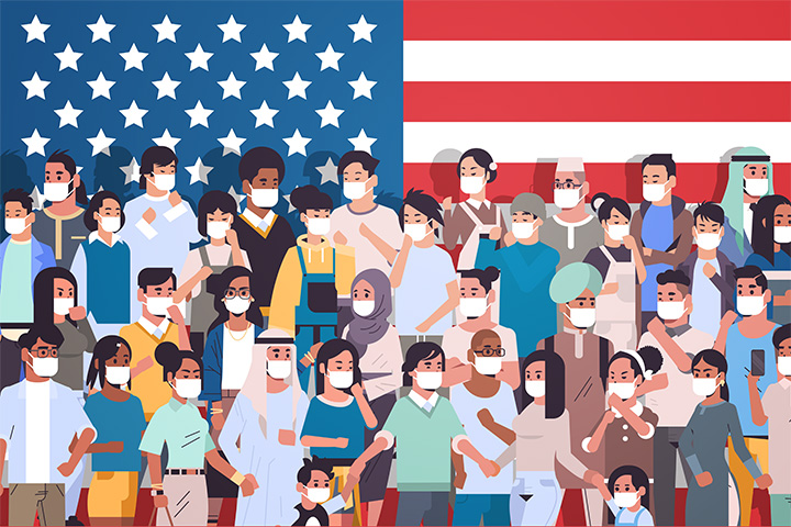 A graphic of people wearing masks with a US flag behind them.