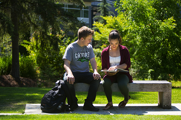 Two students sit on a bench outside. One is holding a book and they are both looking down at it.