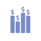 blue icon depicting bar graph with dollar symbols above each bar.