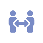 icon of two people standing next to each other, a double-sided arrow is placed between them depicting an exchange of ideas