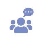 Icon with upper torso and heads of three people. a speech bubble appears above the person in the center who is positioned in front of the other two people.