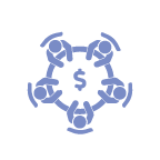 icon of 5 people sit at a round table facing each other, a dollar symbol is placed in the center of the table
