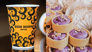 composite of two photos, one a cup of coffee from Boon Boona Coffee, and the other a stack of small purple cheese cakes from Hood Famous Bakeshop