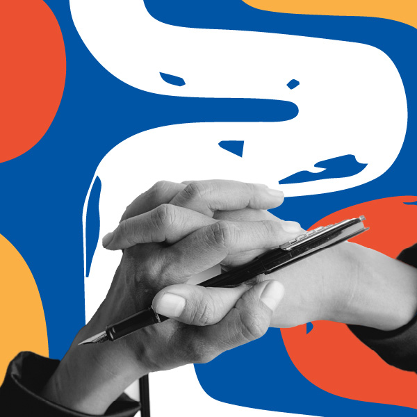 Composite image of a black and white cut out photo of a pair of clasped hands holding a pen overlaying a background paint brush zigzag pattern of bright colors.