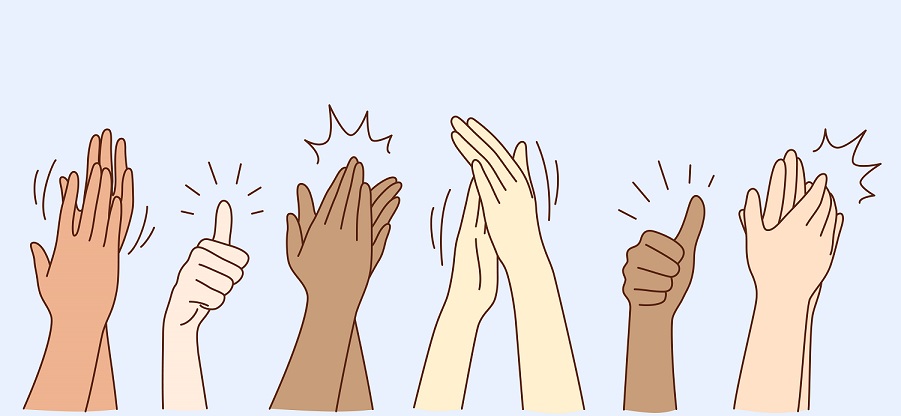 Cheering, ovation, applauding concept. Hands of various people male or female showing thumbs up, applauding, supporting somebody or cheering by gesture vector illustration