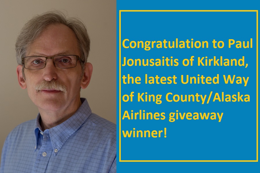Paul Jonusaitis photo with the words, Congratulations to Paul Jonusaitis of Kirkland, the latest United Way of King County/Alaska Airlines giveaway winner
