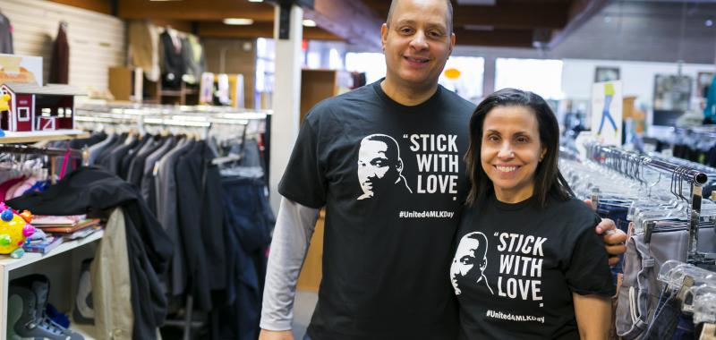 United Way Champions Blair Taylor of My Brother's Keeper Alliance and Kathy Surace-Smith of NanoString Technologies smile while volunteering in Seattle for MLK Day of Service. United Way Champions Blair Taylor of My Brother's Keeper Alliance and Kathy Surace-Smith of NanoString Technologies smile while volunteering in Seattle for MLK Day of Service.